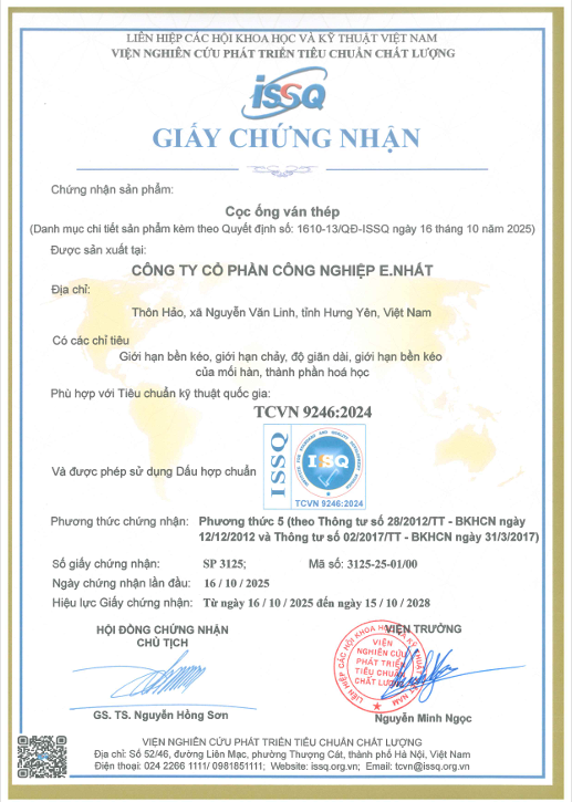 Chứng nhận Sản phẩm Cọc ống ván thép TCVN 9246